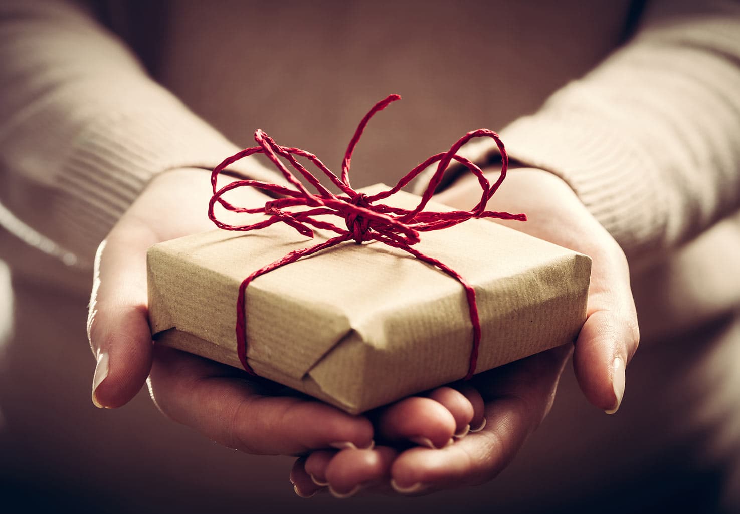 Hands giving a present with red bow